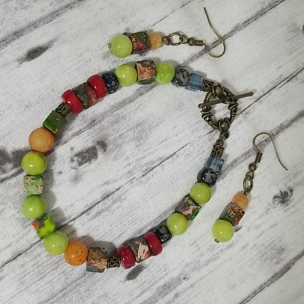 Rainbow jasper, green, orange & red bracelet set